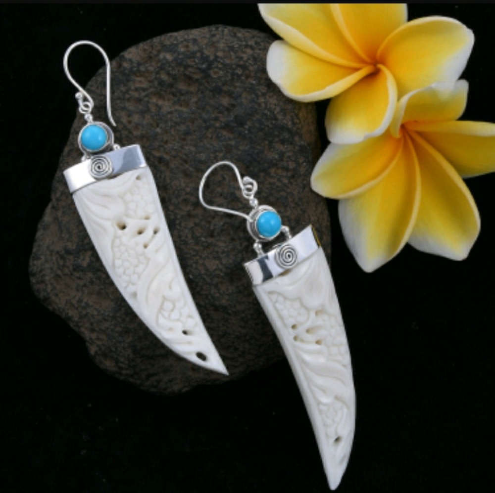Bali Goddes Carved Ox Bone & Turquoise Earrings Total Gem Weight: 1.18 cts